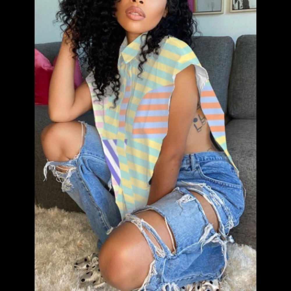 Sexy Stripe Split Open Side Multicolor Collared Dress Up Crop Asymmetrical Shirt